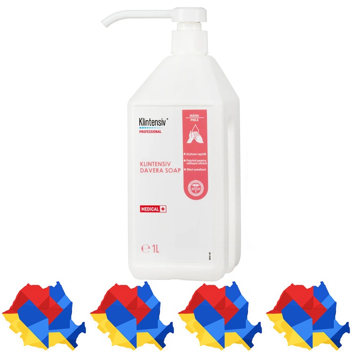 Sapun biocid dezinfectant Klintensiv Davera Soap Professional, cu clorhexidina 2%, pentru dezinfectarea igienica a mainilor prin spalare, spitale, clinici si institutii, 1 L, 4x Stickere
