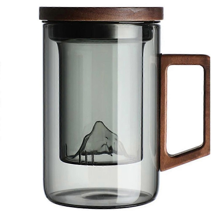 Üveg teáscsésze fa fedéllel és szűrővel 450ml 13x8cm átlátszó