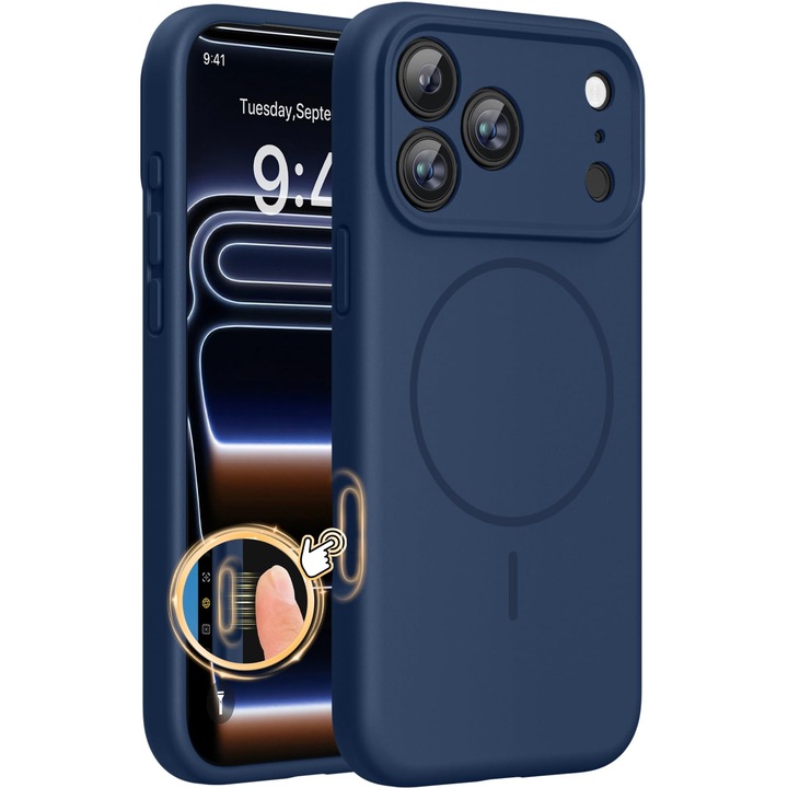 Husa Magnetica pentru iPhone 17 Pro de 6, 3 inci, MOGU, Carcasa MagSafe Incarcare Wireless, Protectie Integrata din Silicon pentru Butoanele Camerei, Soft Silicone Lichid Cu Interior Microfibra, Rezistenta la Socuri, Ultra Slim, Albastru Inchis