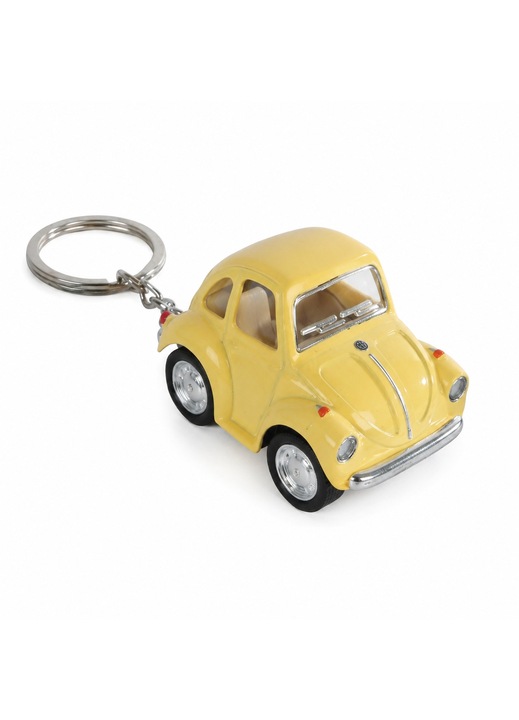 Fém Makett VW Beetle Kulcstartóval, Die-Cast Bogár Típusú Kisautó Visszahúzós Mechanizmussal, Működő Kerekekkel, Klasszikus Retro Dizájnnal, Fényes Karosszériával és Fém Kulcstartó Gyűrűvel, Sárga
