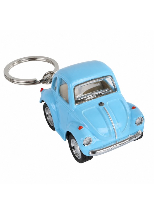 Fém VW Bogár Makett Kulcstartóval, Die-Cast Bogár Típusú Kisautó Visszahúzós Mechanizmussal, Működő Kerekekkel, Klasszikus Retro Dizájnnal, Fényes Karosszériával és Fém Kulcstartó Gyűrűvel, Kék