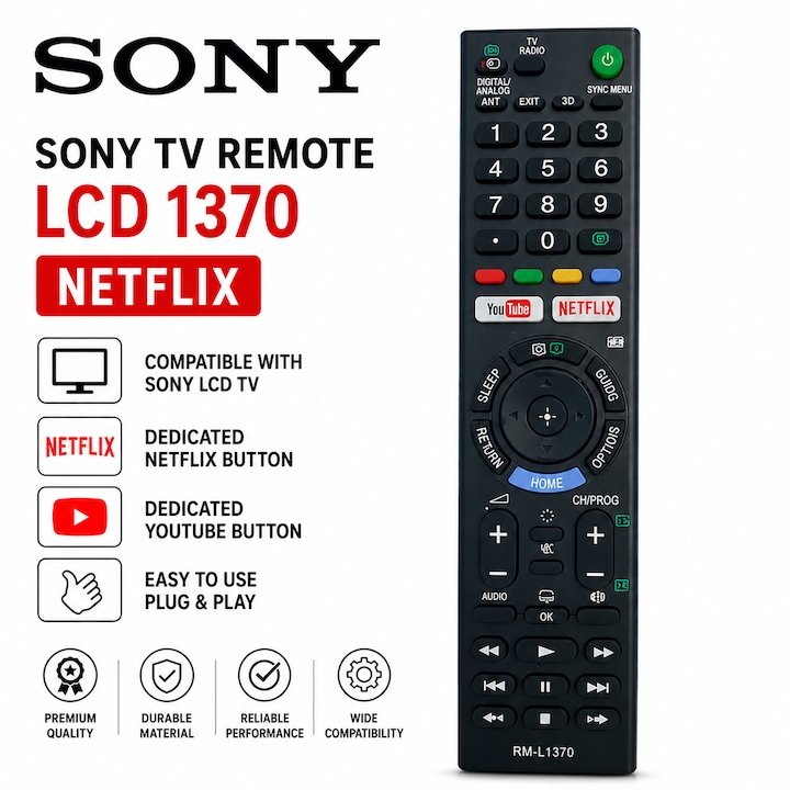 Távirányító Kompatibilis Sony LCD RM-L1370 VARENTIS™, Netflix, YouTube, Sony Bravia TV