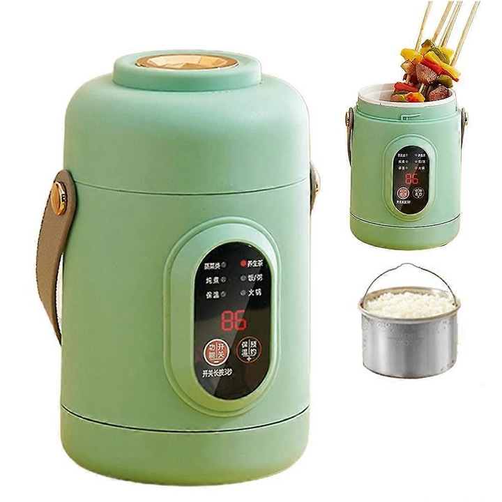 Oala electrica mini portabila 6 in 1, 800ml, ceramica, khaki, 20x10.6cm