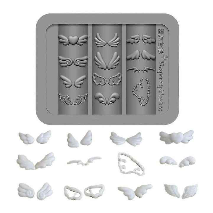 Szilikon 3D matrica körmökhöz, szárny és szív formák, többszínű, 1x0.39cm