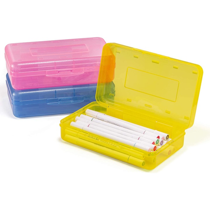 Cutie de creioane din plastic, pachet de 3, cu capacitate mare, organizator de creioane, cu capac etans, design stivuibil si culori elegante in roz, galben si albastru
