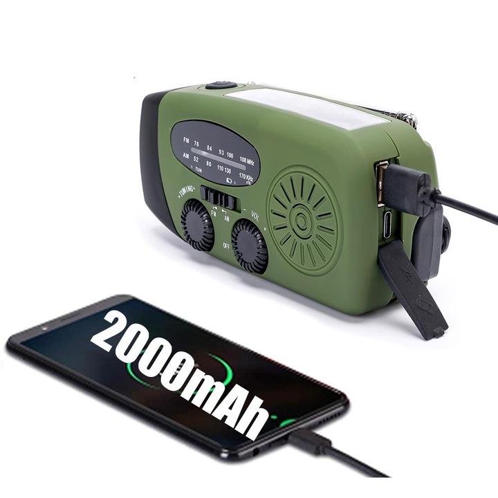 Bytelike Többfunkciós Hordozható Vészhelyzeti Rádió, Napelemes és Dinamós Kézi Hajtókaros Töltés, 2000mAh Power Bank, Erős LED Zseblámpa, AM/FM Tuner