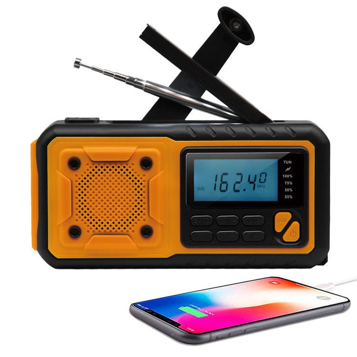 Bytelike Multifunkcionális Hordozható Vészhelyzeti Rádió, Napelemes és Dinamós Kézi Hajtókaros Töltés, Power Bank Funkció, Erős LED Zseblámpa, SOS Riasztás, Digitális AM/FM/NOAA Tuner