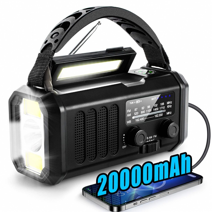 Prémium Többfunkciós Hordozható Vészhelyzeti Rádió, Bytelike, 20000mAh Akkumulátor. Napelemes, Kézi Dinamó, USB-C. LED Zseblámpa. SOS Riasztás, Beépített Iránytű és Analóg AM/FM/WB Tuner