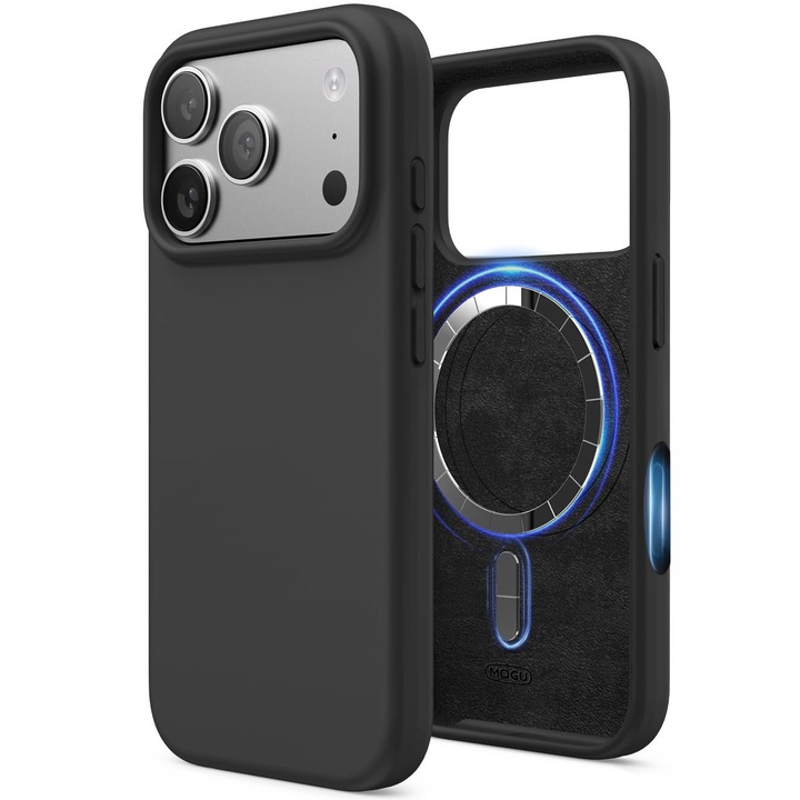 Husa Magnetica Compatibila cu iPhone 17 Pro de 6, 3 inci, MOGU, Soft Silicone Lichid Cu Interior Microfibra, Carcasa MagSafe Incarcare Wireless, Rezistenta la Socuri, Buton de Control al Camerei din Silicon, Ultra Slim, Rezistent la amprente, Negru