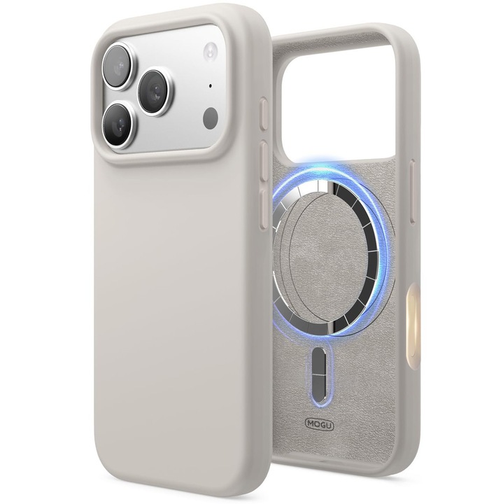 Husa Magnetica Compatibila cu iPhone 17 Pro Max de 6, 9 inci, MOGU, Silicone Lichid Cu Interior Microfibra, Carcasa MagSafe Incarcare Wireless, Rezistenta la Socuri, Buton de Control al Camerei din Silicon, Ultra Slim, Rezistent la amprente, Gri deschis
