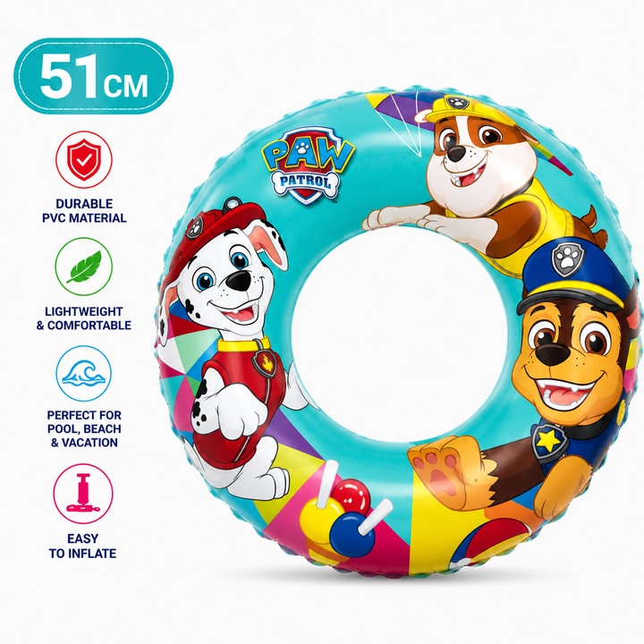 Надуваем пояс Paw Patrol VARENTIS™ 51 см, за деца 3-6 години, устойчив PVC, за басейн и плаж