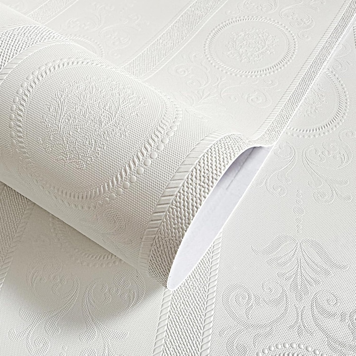 Tapet autoadeziv 3D Omelivon®, model rococo alb, 44x300cm, grosime 3mm, PVC impermeabil, efect relief, perete living dormitor