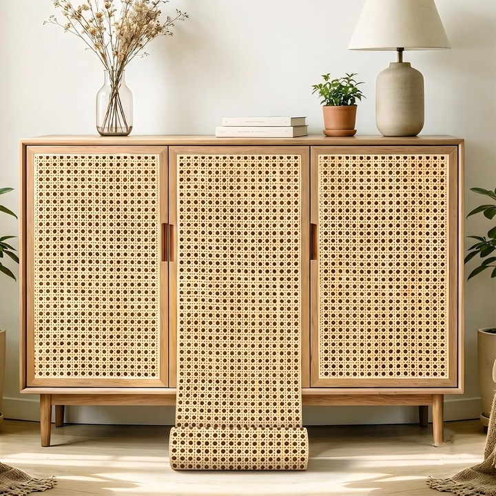 Tapet autoadeziv Omelivon®, model impletitura ratan, 44x300cm, grosime 3mm, PVC impermeabil anti-pete, perete si mobilier