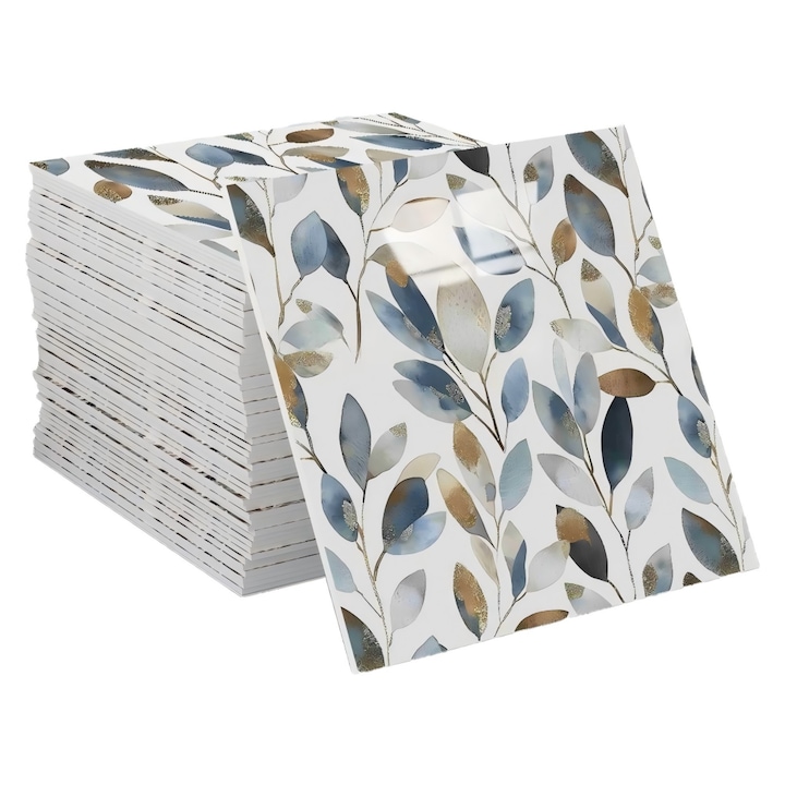 Tapet autoadeziv imitatie faiante Omelivon®, model frunze albastru-auriu, 30x30cm, 10 buc, PVC spuma, impermeabil, bucatarie baie