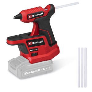 Pistol de lipit fara fir Einhell TE-CG 18/7 Li-Solo PXC, 18 V, max. 180 °C, timp de incalzire 165 sec., tava de scurgere, statie de baza, incl. 3 batoane de lipit x 7 mm, livrat fara baterie