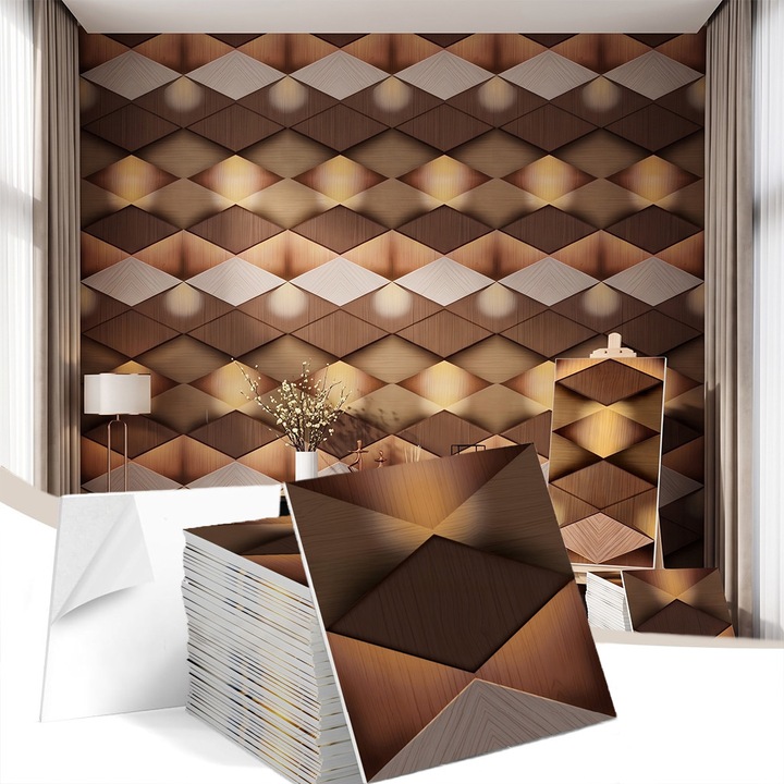 Tapet autoadeziv imitatie faiante Omelivon®, model romburi lemn, 30x30cm, 10 buc, PVC spuma flexibila, impermeabil, renovare perete