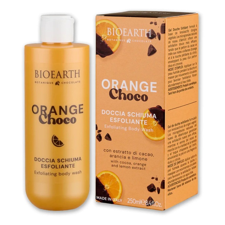 Exfoliáló zuhanygél kakaó, narancs és citrom kivonattal, Orange Choco, BIOEARTH, 250 ml