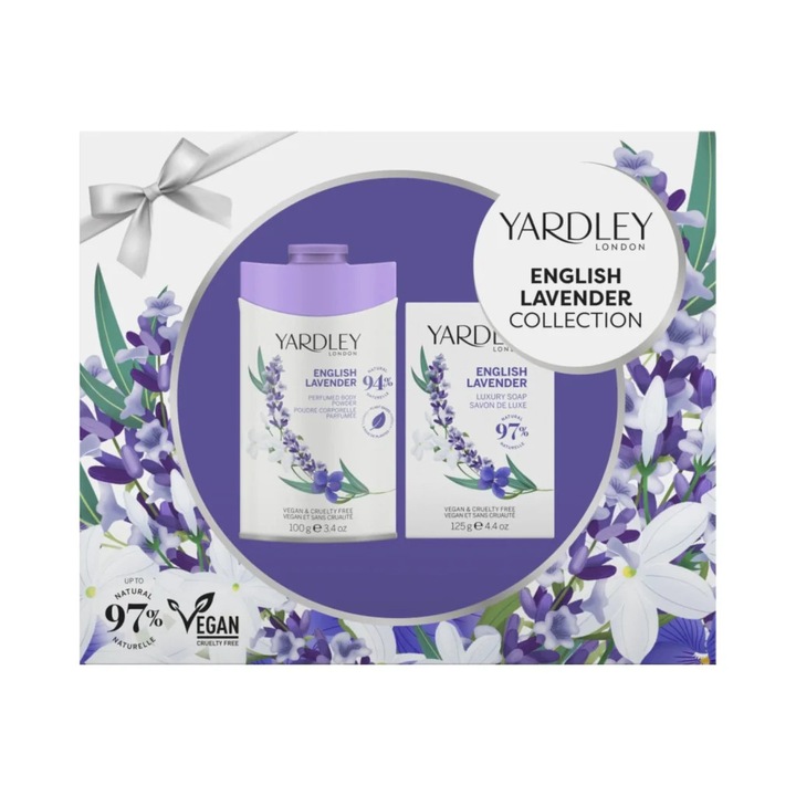 Készlet duo 1 x 100 g testpúder és 1 x 120 g szappan angol levendula illattal, English Lavender Collection, Yardley, 2 termék