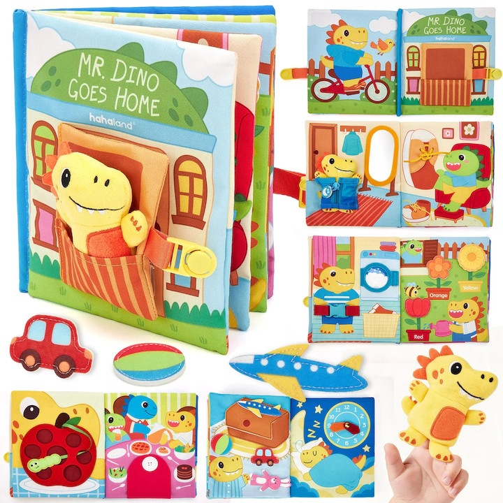 Montessori oktató szenzoros könyv „Mr. Dino Goes Home” – Interaktív Busy Book gyerekeknek, motoros tevékenységekkel, levehető karakterekkel és oktató játékokkal, Funny Party Team®