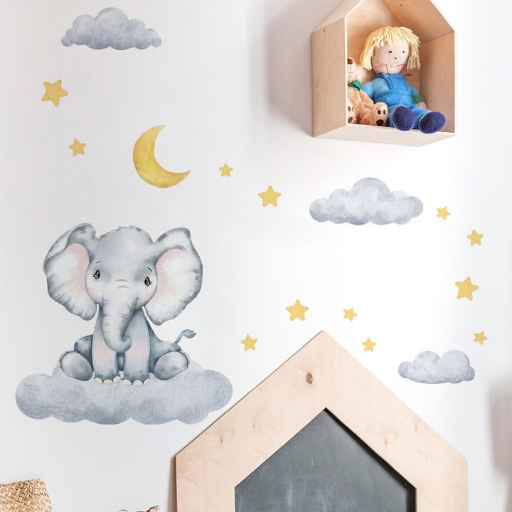 Set de autocolante vilanems, 45x30 cm, pentru peretii camerelor copiilor, cu elefanti, nori, stele si luna, folie adeziva mata, cerneluri ecologice, fara miros