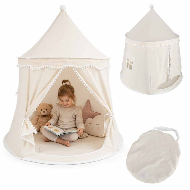 Cort de joaca pentru copii Ikonka White Tipi, design stabil, cu 2 ferestre