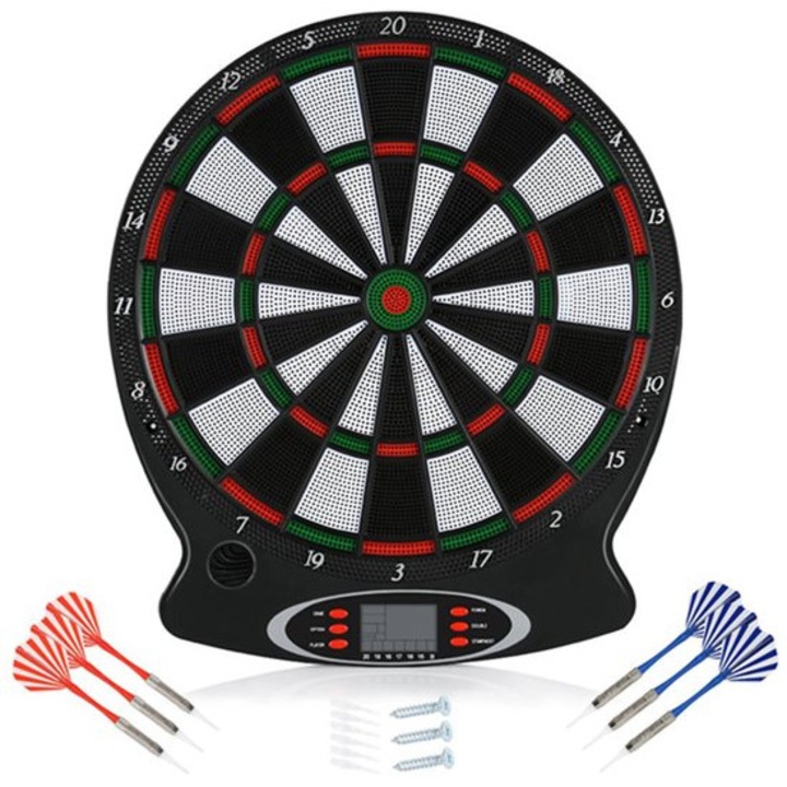 Elektronikus darts tábla LCD kijelzővel, 6 nyíllal, 31.5x43cm, többszínű