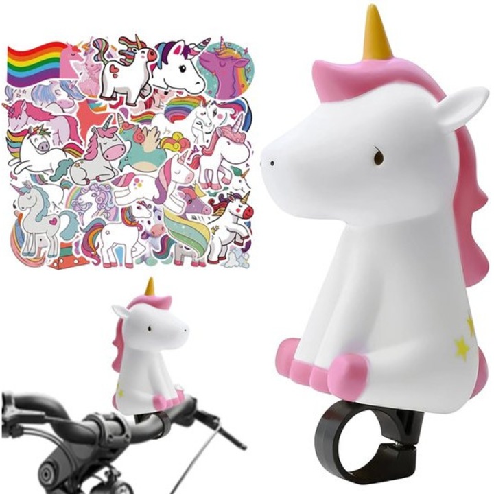 Sonerie bicicleta copii, 50 stickere unicorn, clar, 15x7x4cm