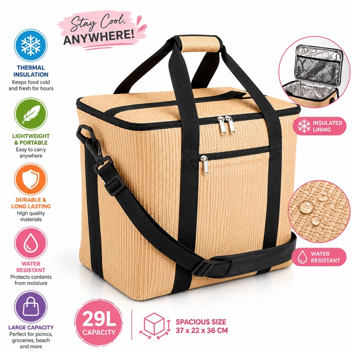 Термо чанта VARENTIS™ 29L, вид ратан от слама, 37x22x36 см, изолирана хладилна чанта за пикник, плаж, къмпинг, пазаруване и пътуване, бежова