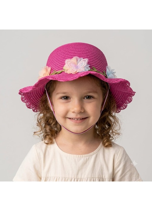 Palarie de soare pt fetite, prindere sub barbie, 54 cm, Roz Inchis