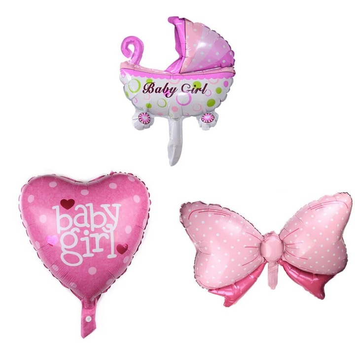 3 db Fólia Lufi Szett, Babakocsi, Szív és Masni Figurák, Baby Shower és Keresztelő Tematika, 45 cm