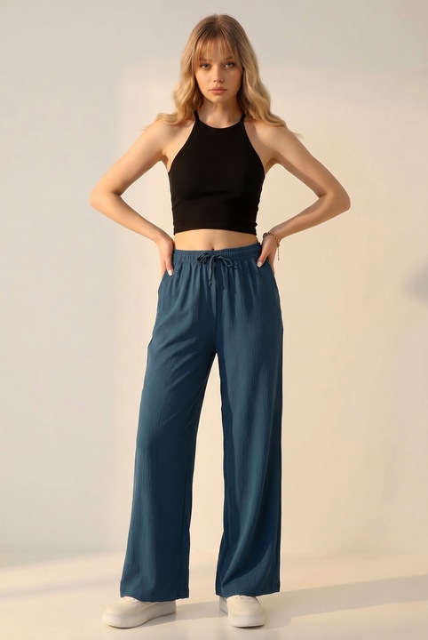 Pantaloni dama lungi, largi stil palazzo, subtiri de vara, Bleumarin