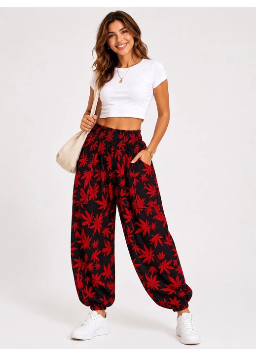 Pantaloni dama, stil salvar, buzunare laterale, talie elastica, relaxat 60 cm, intins maxim 90 cm, rosu, XL