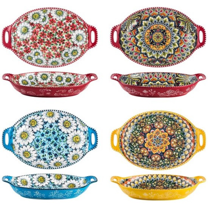 4 darabos porcelán salátás tál készlet, fogantyúkkal, 950 ml, 22x21 cm, többszínű