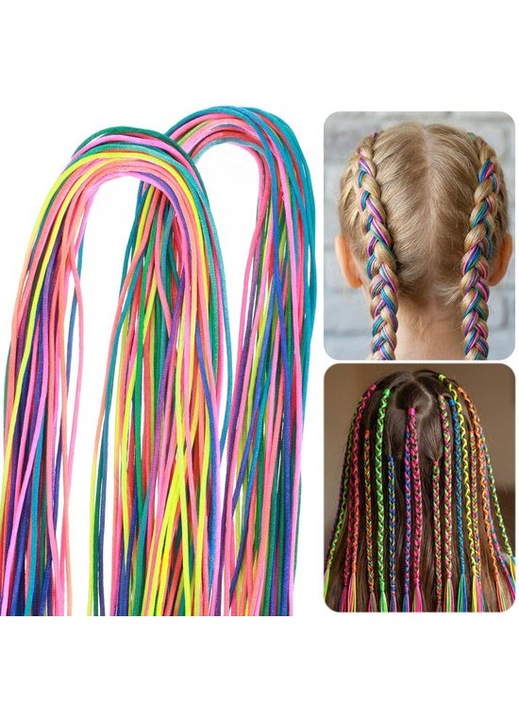 Set 64 snururi colorate pentru par, nailon, 85 cm, multicolor