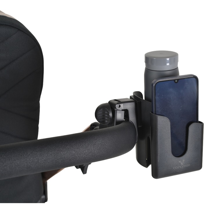 Suport multifunctional 2 in 1 pentru telefon/sticla/biberon Cangaroo On The Go+, prindere pe carucior sau cotiera scaun auto
