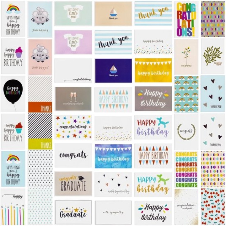 Set felicitari 144 piese, 48 modele colorate, plicuri 10x15cm, multicolor