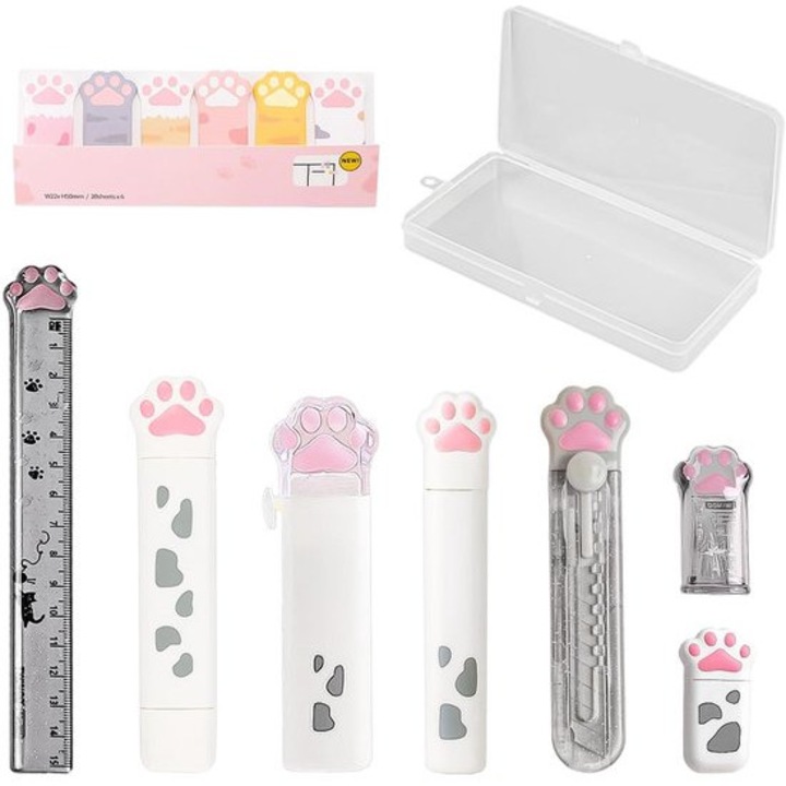 Set papetarie copii 9 piese roz cu design pisica 20x15x1cm