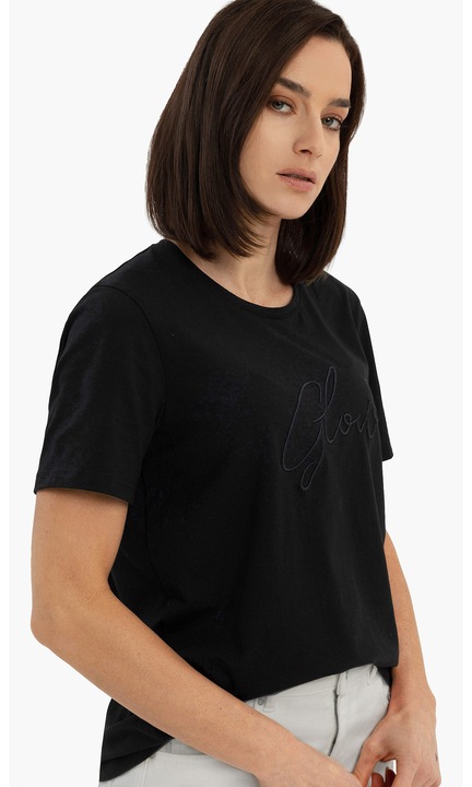 Női pamut póló felirattal, Comfort Fit, Volcano T-Ris, fekete, M