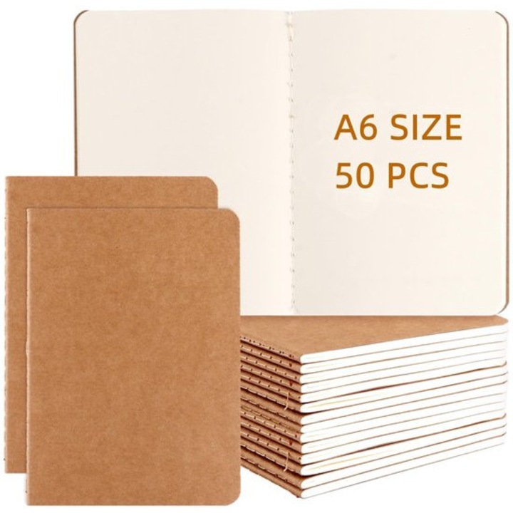 Set 50 caiete A6, hartie kraft, pagini albe, 28x25x11cm