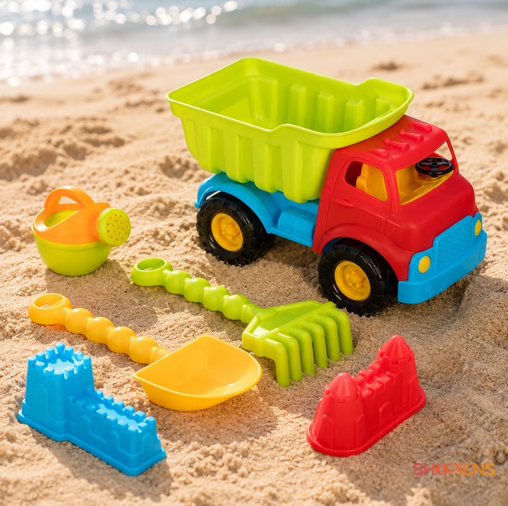 Set Camion Constructii Nisip Copii Rosu Verde Lime Cu Stropitoare Lopata Grebla 2 Forme Castel Plaja 5 Accesorii 20x30x18cm