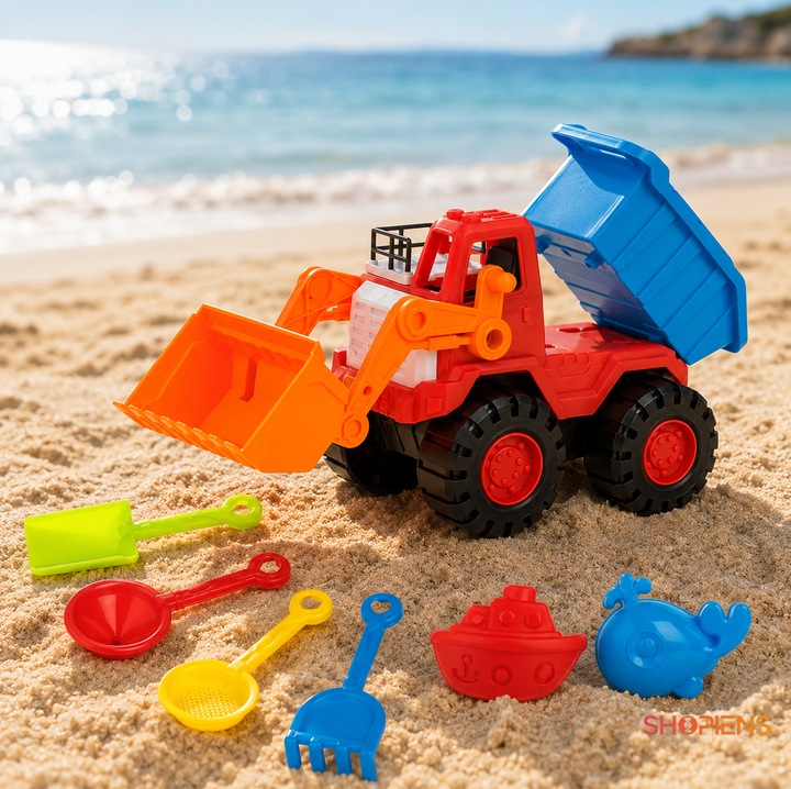 Set Buldozer Cu Bena Pentru Nisip Copii Rosu Bleu Portocaliu Cu Lopata Grebla Strecuratoare Palnie Si 2 Forme Marine Plaja 32x15x19cm