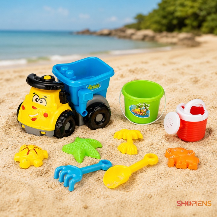 Set Camion Plaja Copii Galben Cu Bena Albastra Galeata Stropitoare Lopatica Grebla Si 4 Forme Marine Nisip 8 Accesorii 25x22x22cm