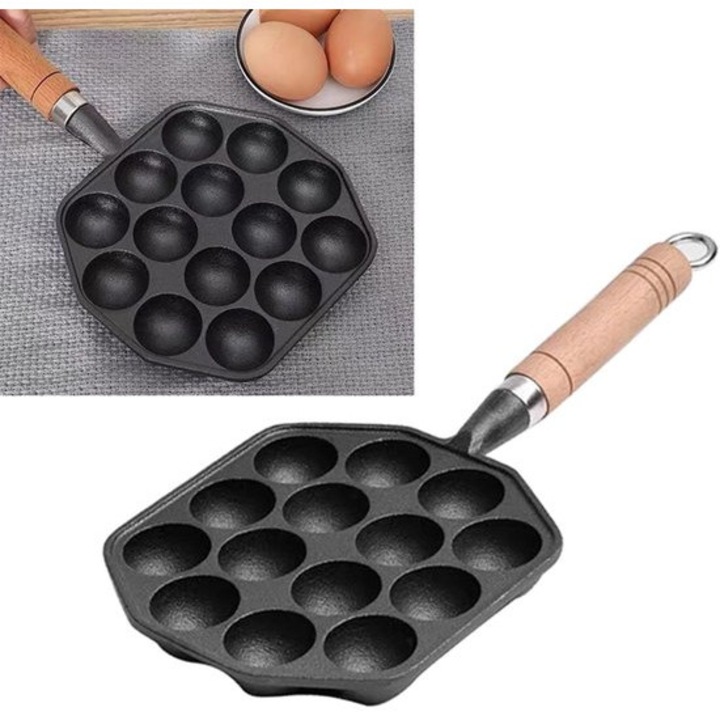 Takoyaki és palacsinta grill serpenyő, öntöttvas, 14 lyuk, fekete, 26x26cm