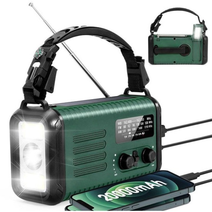 Hordozható rádió kézi hajtókarral, 20000mAh, LED lámpa, iránytű, 20.98x12.98x7.98cm