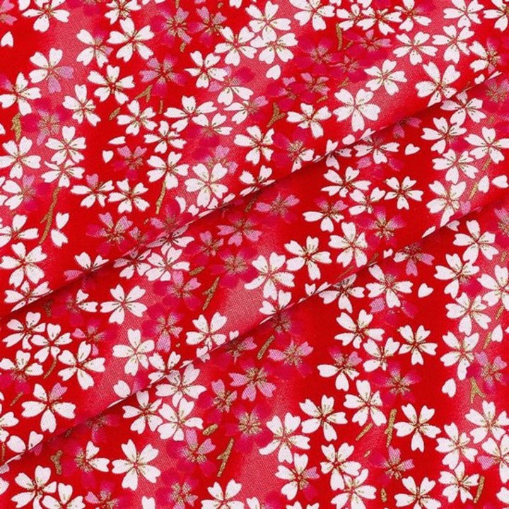 Anyag: pamut textil, virágmintás, cseresznyepiros, 1x1.4m
