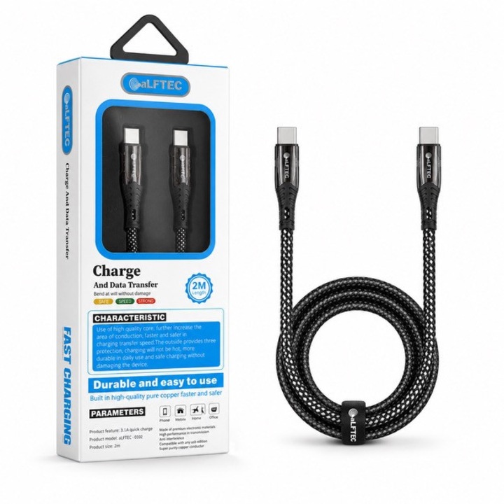 ALFTEC USB-C–USB-C kábel, 2 méter, 3.1A gyorstöltés, textil fonott kábel, adatátvitel, fém csatlakozók, fekete, Iphone, Apple, Samsung, Xiaomi, univerzális