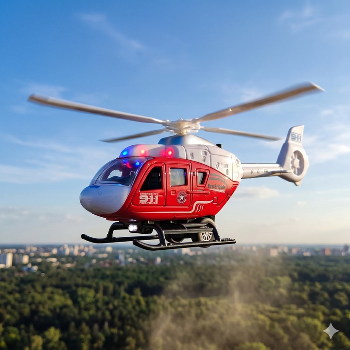 Fém és műanyag fröccsöntött helikopter, Fire Rescue, 1:50 méretarány, 24 cm, Visszahúzós funkció, Funkcionális ajtók, Fények és motorhangok, VisionXXI
