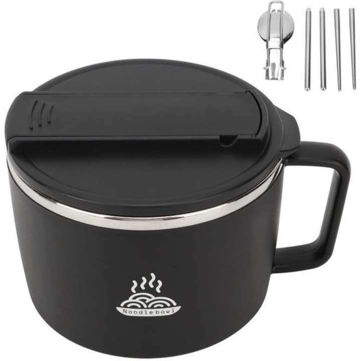 Tésztás tál fogantyúval, 1200ml, rozsdamentes acél és ABS, evőpálcikákkal és sporkkal, 14x15x11cm