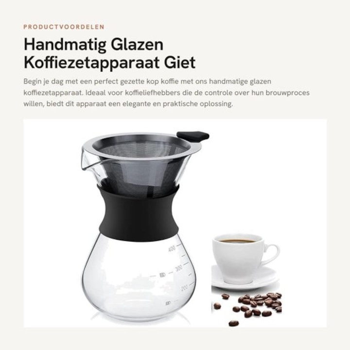 Kézi kávéfőző üveg 400ml rozsdamentes acél szűrő kompakt 10x11.5x15cm elegáns