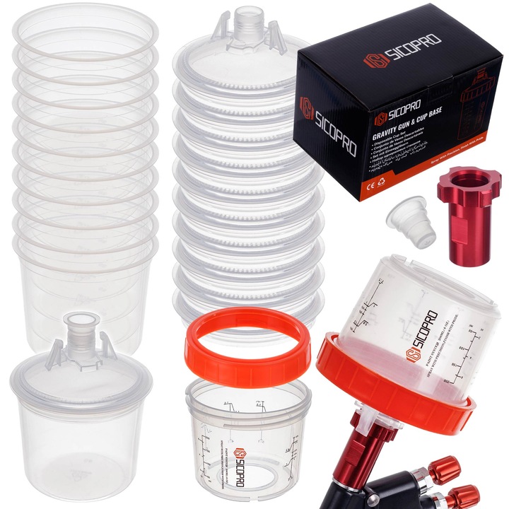 Set Cupe PPS 200 ml cu Filtru 125 Microni si Adaptor 16x1.5 mm - 10 Bucati pentru Amestecare si Aplicare Vopsea Auto